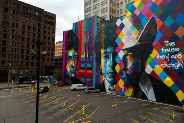 A mural of songwriter Bob Dylan by Brazilian artist Eduardo Kobra is on display in downtow