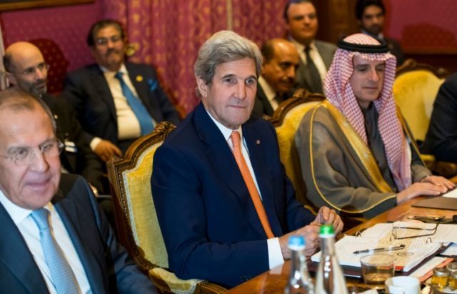 Russian Foreign Minister Sergei Lavrov (L), U.S. Secretary of State John Kerry, (C), Saudi