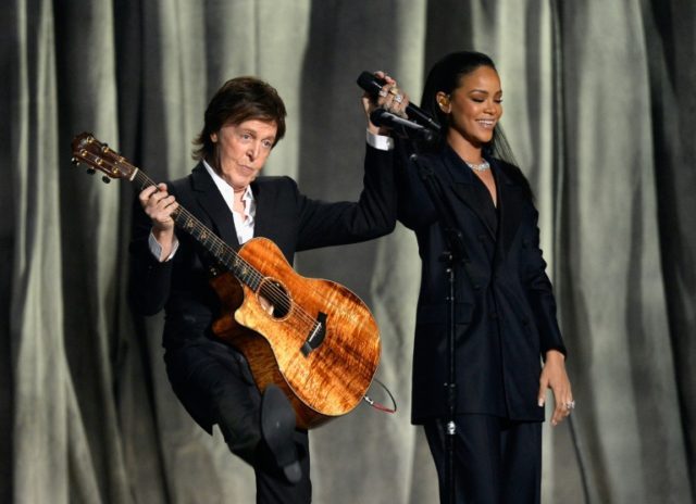 Rihanna and Paul McCartney perform at the 2015 Grammy awards in Los Angeles