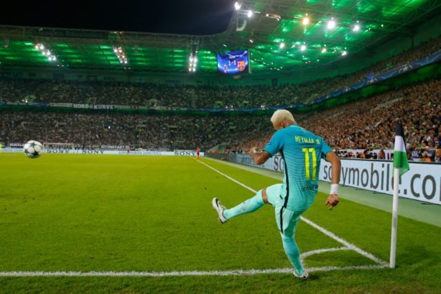 Barcelona's Neymar takes a corner during their UEFA Champions League Group C match against