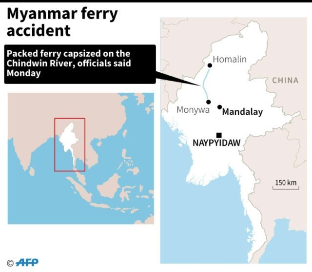 Map locating the Chindwon River in Myanmar were a packed ferry capsized early morning on O