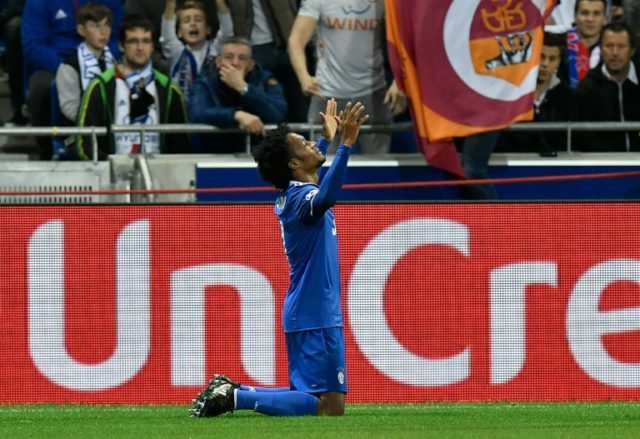 Juventus' Juan Cuadrado celebrates after scoring a goal against Olympique Lyonnais on Octo