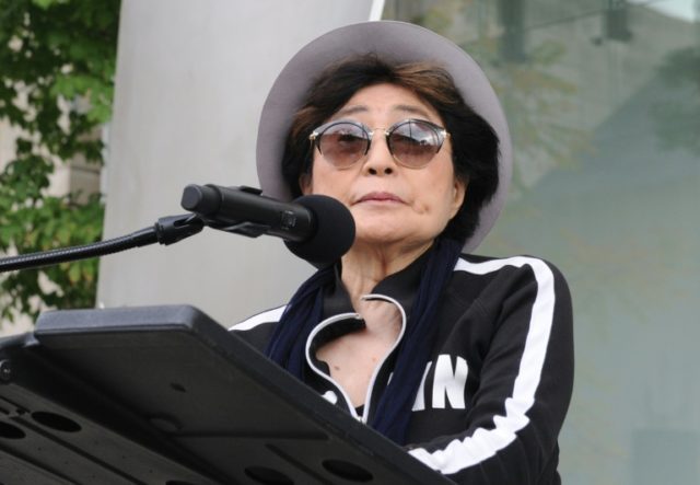 Yoko Ono speaks during the unveiling of her first permanent US art installation in Chicago