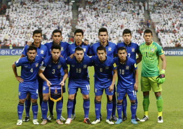 Thailand's starting eleven pose for a group picture ahead of their 2018 FIFA World Cup qua