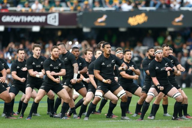 New Zealand All Blacks perform the Haka ahead of a Rugby Championship match at Kingspark R