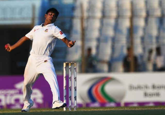 Bangladesh's Mehedi Hasan bowls during the first day of the first Test cricket match betwe