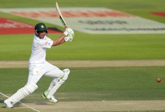Pakistani batsman Younis Khan plays a shot on the first day of the second Test between Pak