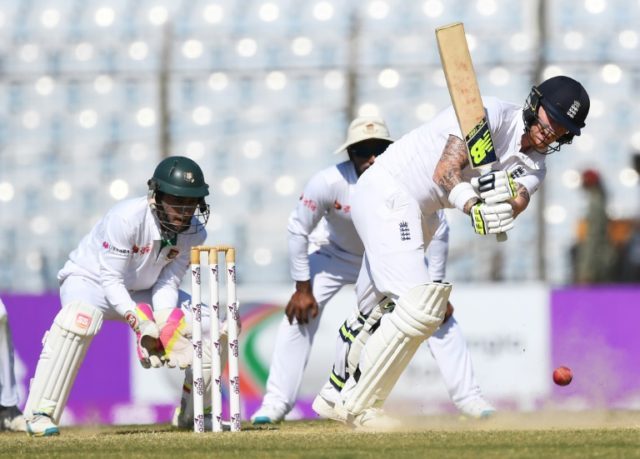 England's Ben Stokes plays a shot during the third day of the first Test against Banglades