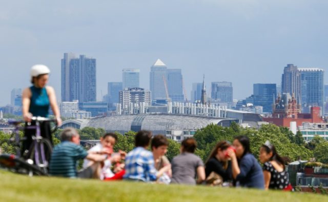 The skyline of London including the Canary Wharf financial district pictured from Primrose