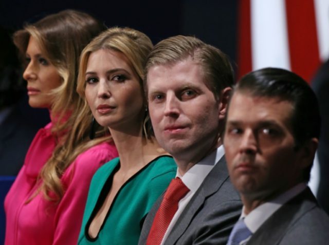 Family members of Republican presidential nominee Donald Trump, (from L-R) wife Melania Trump, daughter Ivanka Trump, and sons Eric Trump and Donald Trump Jr., pictured on October 9, 2016