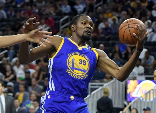 Kevin Durant of the Golden State Warriors grabs a rebound against the Los Angeles Lakers d
