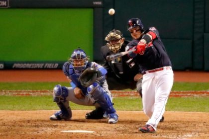 Roberto Perez of the Cleveland Indians hits a three-run home run during the eighth inning