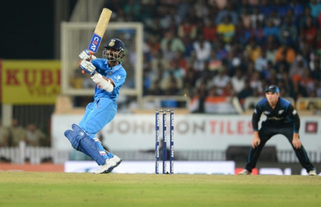 Indian batsman Ajinkya Rahane plays a shot during the fourth one day international (ODI) m