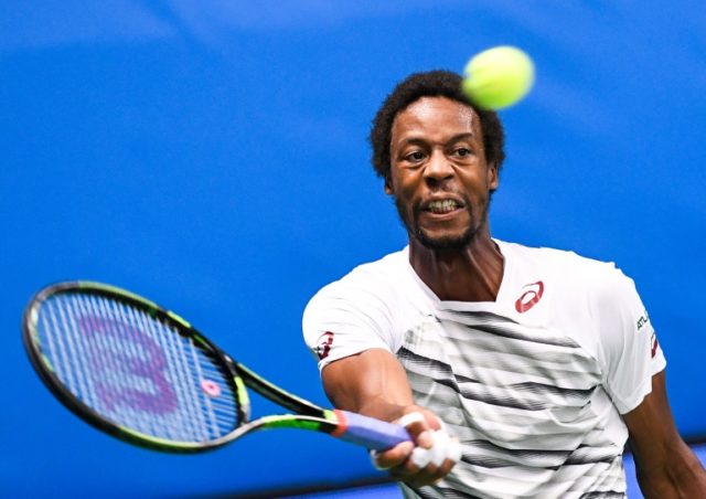 France's Gael Monfils returns the ball to Portugal's Gastao Elias during the ATP Stockholm