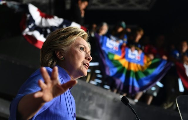 US Democratic presidential nominee Hillary Clinton speaks in Wilton Manors, Florida, on Oc