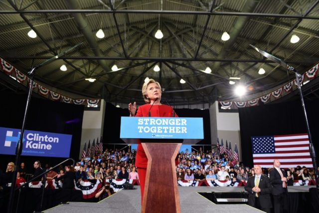 US Democratic presidential nominee Hillary Clinton speaks during a campaign rally at the K