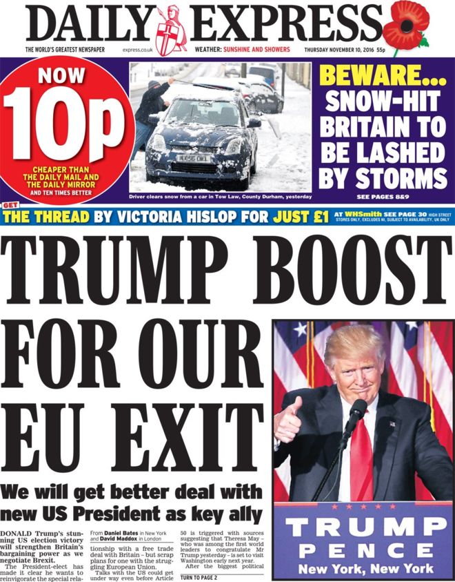 The Daily Express is more positive, saying that Trump will boost Brexit
