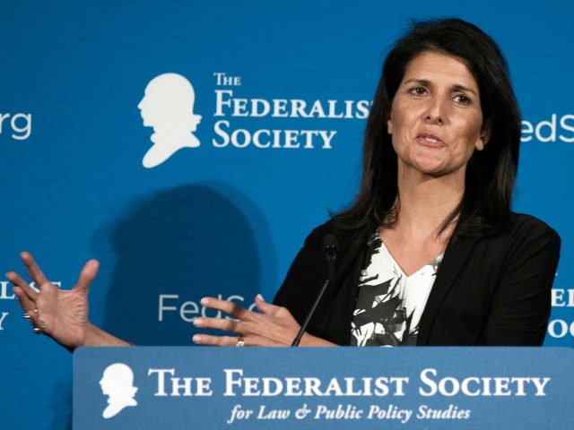 South Carolina Gov. Nikki Haley gestures while speaking at the Federalist Society's National Lawyers Convention, Friday, Nov. 18, 2016, in Washington. (