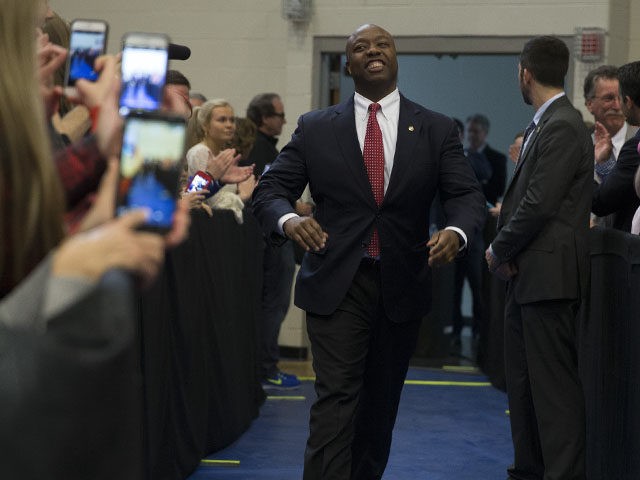 NORTH CHARLESTON, SC - FEBRUARY 19: Sen. Tim Scott arrives prior to Republican presidential candidate Marco Rubio speaking at a rally February 19, 2016 in North Charleston, South Carolina. Rubio is campaigning throughout South Carolina ahead of the state's primary. (Photo by Aaron P. Bernstein/Getty Images)