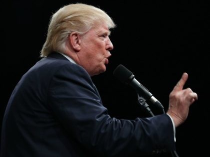 Republican presidential nominee Donald Trump addresses a campaign rally at The Farm on Nov