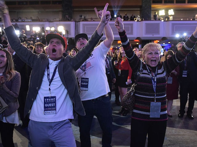 Supporters of Republican presidential nominee Donald Trump react to unfolding results during election night at the New York Hilton Midtown in New York on November 8, 2016.  / AFP / Mandel NGAN        (Photo credit should read MANDEL NGAN/AFP/Getty Images)