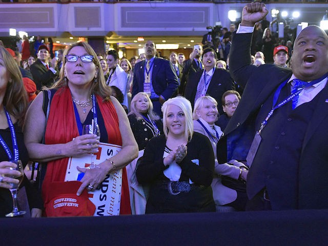 Supporters of Republican presidential nominee Donald Trump react to early results during election night at the New York Hilton Midtown in New York on November 8, 2016.  / AFP / MANDEL NGAN        (Photo credit should read MANDEL NGAN/AFP/Getty Images)