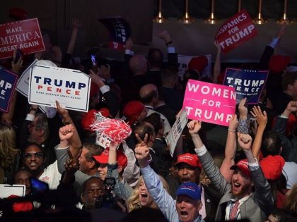 Supporters of Republican presidential nominee Donald Trump cheer during election night at the New York Hilton Midtown in New York on November 9, 2016. / AFP / JIM WATSON (Photo credit should read JIM WATSON/AFP/Getty Images)