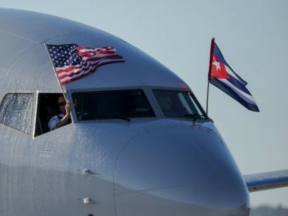American Airlines plane fluttering US and Cuba national flags is seen uppon arrival at Jos