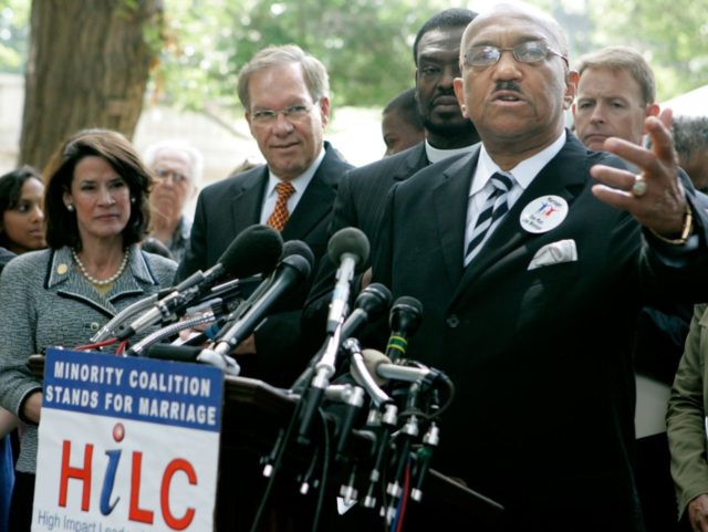 Rev. William Owens, of the Coalition of African Americans, speaks about same sex marriage while Rep. Katherine Harris (R-FL) (L) and Sen.Wayne Allerd (R-CO) (2nd-L) stand nearby during a news conference on Capitol Hill June 6, 2006 in Washington DC. This week the U.S. Senate began debate on a constitutional …