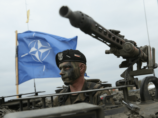A soldier of the Polish Army sits in a tank as a NATO flag flies behind during the NATO No
