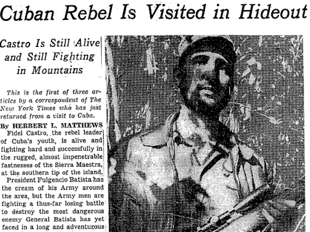 A New York Times article from February 4, 1957, by reporter Herbert Matthews embellishing the popularity of dictator-to-be Fidel Castro.