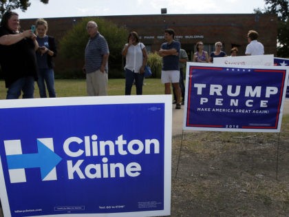 FILE - In this Oct. 27, 2016 file photo, early voters stand by campaign signs as they wait