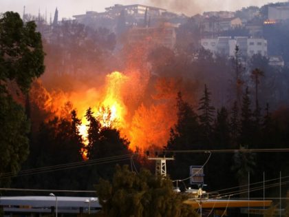 A picture taken on November 24, 2016 shows a fire raging in the northern Israeli port city of Haifa. Hundreds of Israelis fled their homes on the outskirts of the country's third city Haifa with others trapped inside as firefighters struggled to control raging bushfires, officials said.