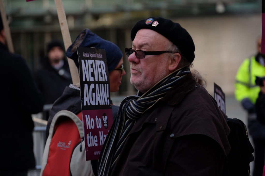 Unite against Fascism gather to object to Marine Le Pen being interviewed by the BBC