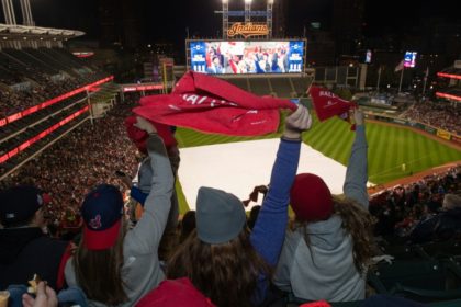 Fans celebrates during the Cleveland Indians World Series Watch Party at Progressive Field
