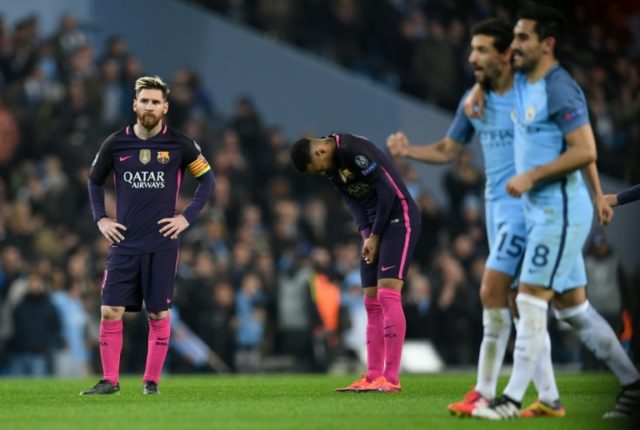 Barcelona's Lionel Messi (L) and Neymar (2L) react as Manchester City's Jesus Navas (2R) a