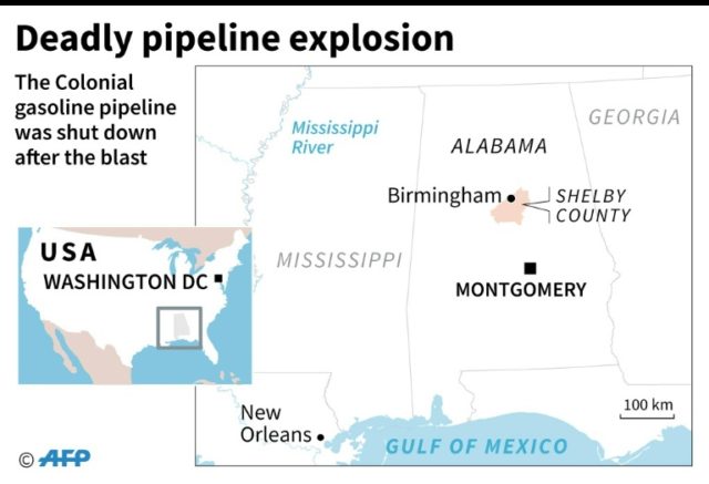 Map locating Shelby county in the US state of Alabama where a pipeline blast killed one