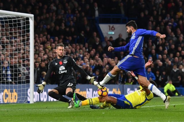 Chelsea's Diego Costa (R) has his attempt blocked by Everton's English-born Welsh defender