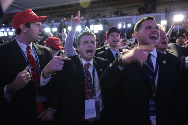 Supporters of Republican presidential nominee Donald Trump celebrate early results during