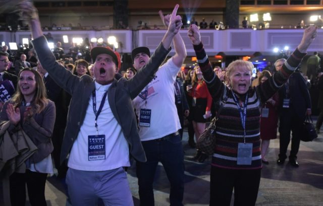 Supporters of Republican presidential nominee Donald Trump react to unfolding results duri