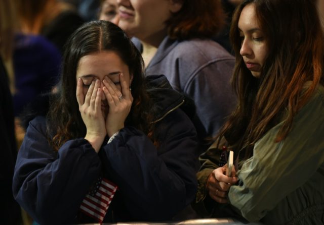 Supporters of US Democratic presidential nominee Hillary Clinton react to incoming nresults during election night at the Jacob K. Javits Convention Center in New York, on November 8, 2016