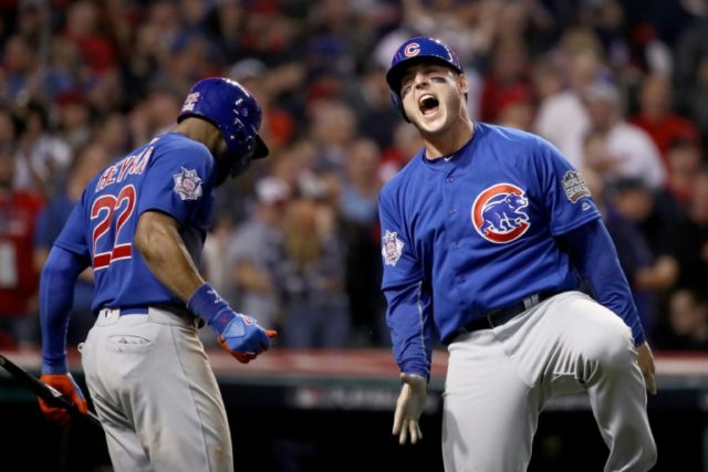 Jason Heyward (L) and Anthony Rizzo of the Chicago Cubs, seen in action during Game Seven