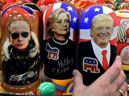 Traditional Russian Matryoshka dolls in Moscow, depict (L-R) Russian President Vladimir Putin, Hillary Clinton and US Republican president elect Donald Trump.