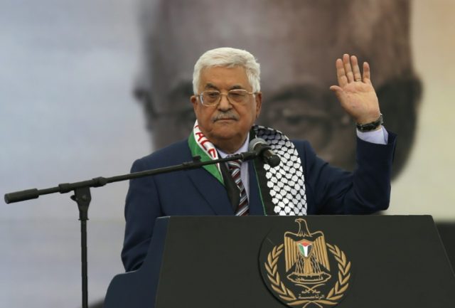 Palestinian president Mahmud Abbas gives a speech during a rally marking the 12th annivers