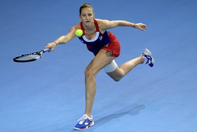 Czech Republic's Karolina Pliskova returns a ball to France's Kristina Mladenovic, on Nove