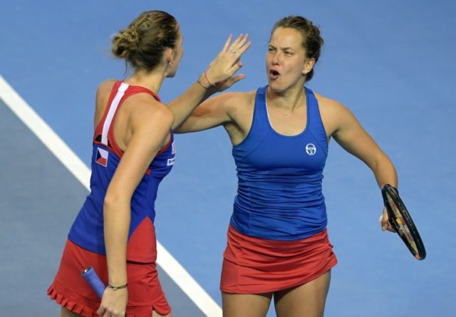Czech Republic's Barbara Strycova (R) and teammate Karolina Pliskova in action on November