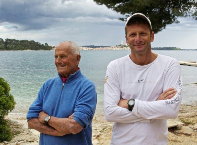 Italian free diving legends Umberto Pelizzari (R) and Enzo Maiorca pose