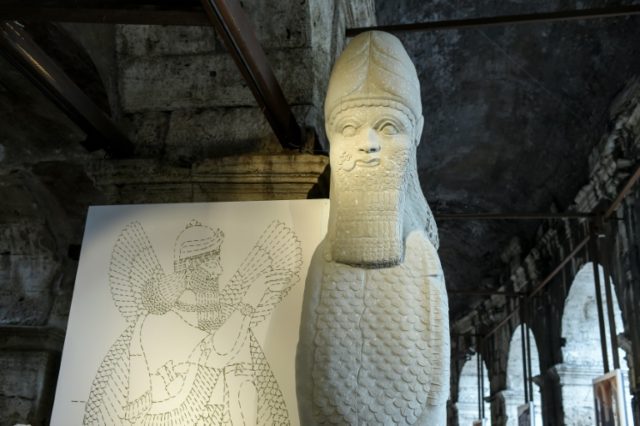 Full-scale reproductions of the winged human-headed bull from the ancient city of Nimrud i