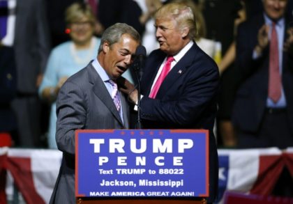 US President-elect Donald Trump greets United Kingdom Independence Party interim leader Nigel Farage during a campaign rally in Jackson, Mississippi, on August 24, 2016