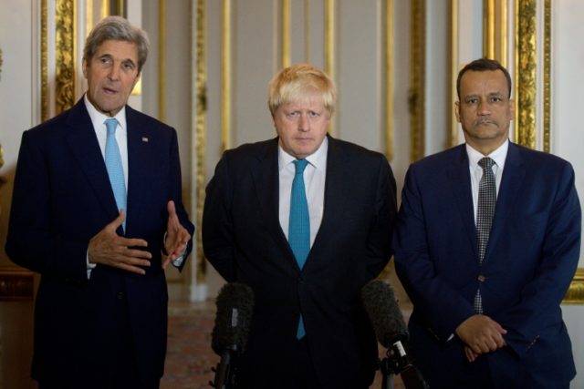 (L-R) US Secretary of State John Kerry, British Foreign Secretary Boris Johnson and UN Spe